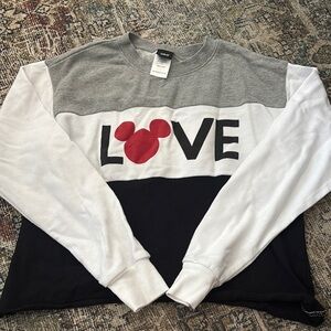 Disney Gray, White, and Black Love Sweatshirt with Red Mickey Accent